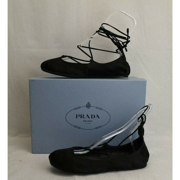 NIB PRADA 1F657H BLACK CANVAS SATIN ANKLE WRAP LACE BALLERINA FLATS 37.5 ITALY - Picture 3 of 12